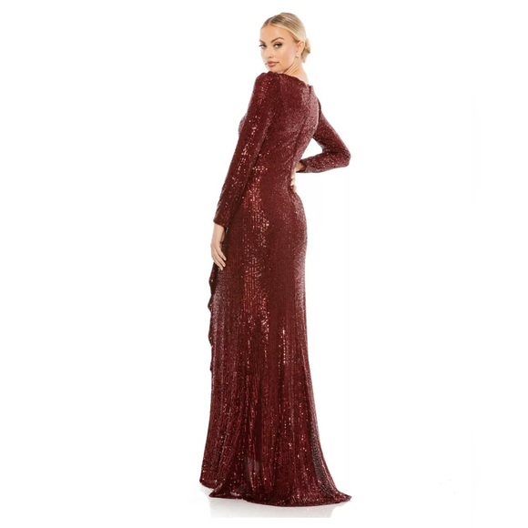 MAC DUGGAL 26574 SEQUINED FAUX WRAP LONG SLEEVE WINE COLUMN GOWN Size 16 Dress - Picture 2 of 8
